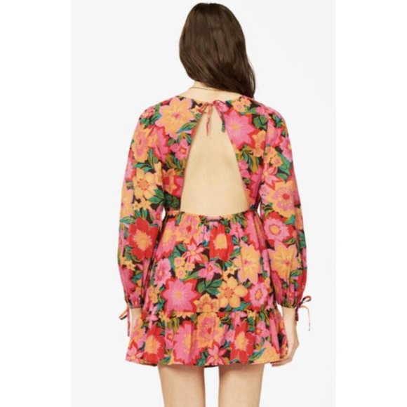Billabong Heaven Sent Floral Open Back Mini Dress Long Blouson Sleeve Size M - Picture 4 of 12